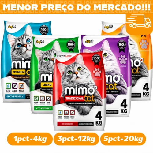 Kit Fardo 5 Pacotes 4KG de Areia Sanitária Granulado Forma Torrões MimoCat Perfumado Lavanda 20KG
