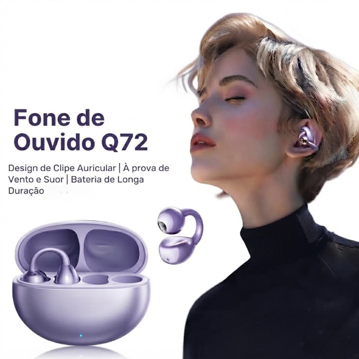 Fone de Ouvido OWS Q72 Bluetooth 5.3 Condução Óssea Clipe na Orelha Som Hi-Fi Redução de Ruído
