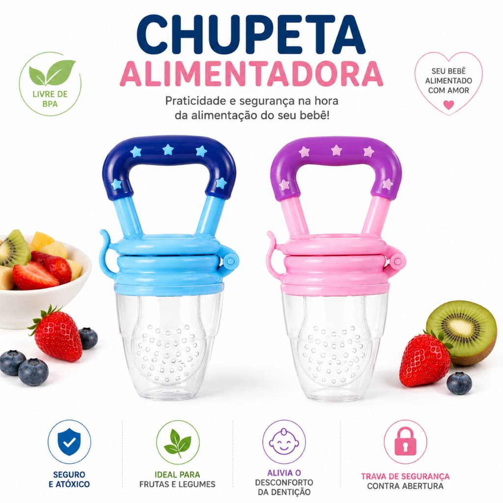 Chupeta Mordedor Alimentadora Bebê De Silicone Bico Porta Fruta Azul e Rosa