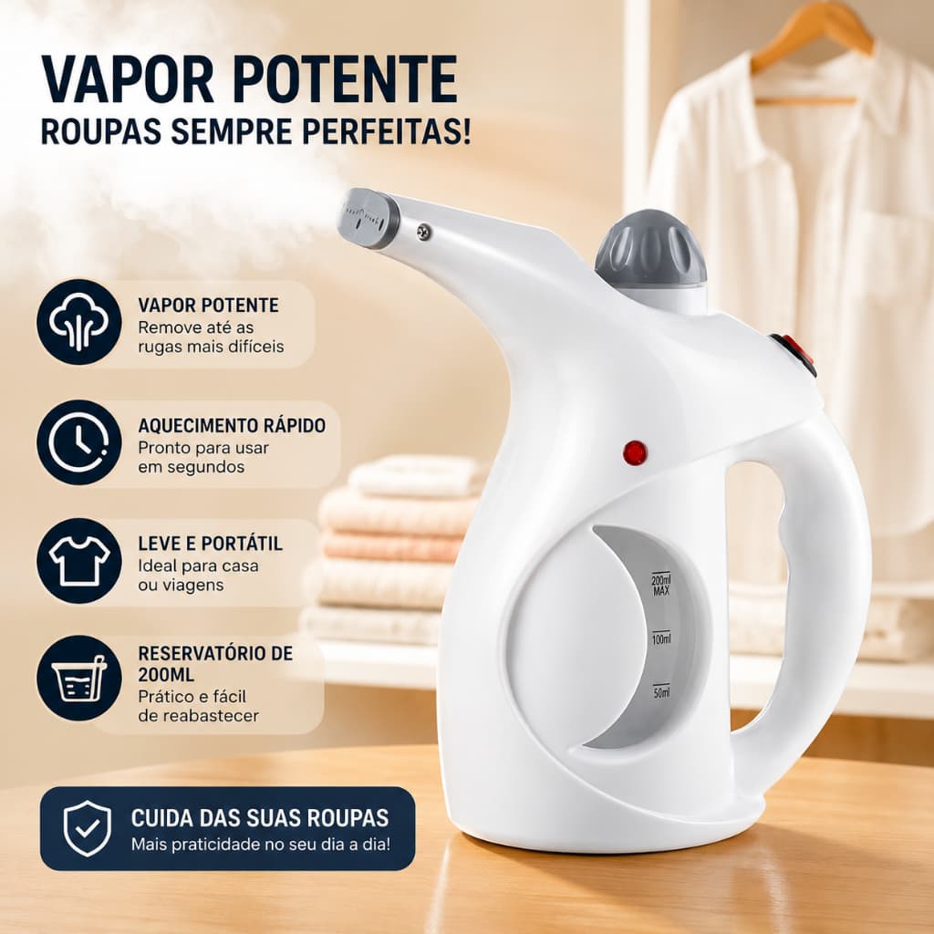 Passadeira a Vapor Portátil Vaporizador de Roupas 110V 800W Tira Amassados Vertical 200ml Casa e Viagem