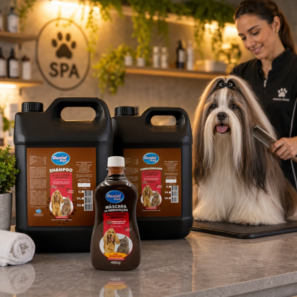 Linha 5L Shampoo Condicionador Máscara de Hidratação Chocolate Cães Gatos
