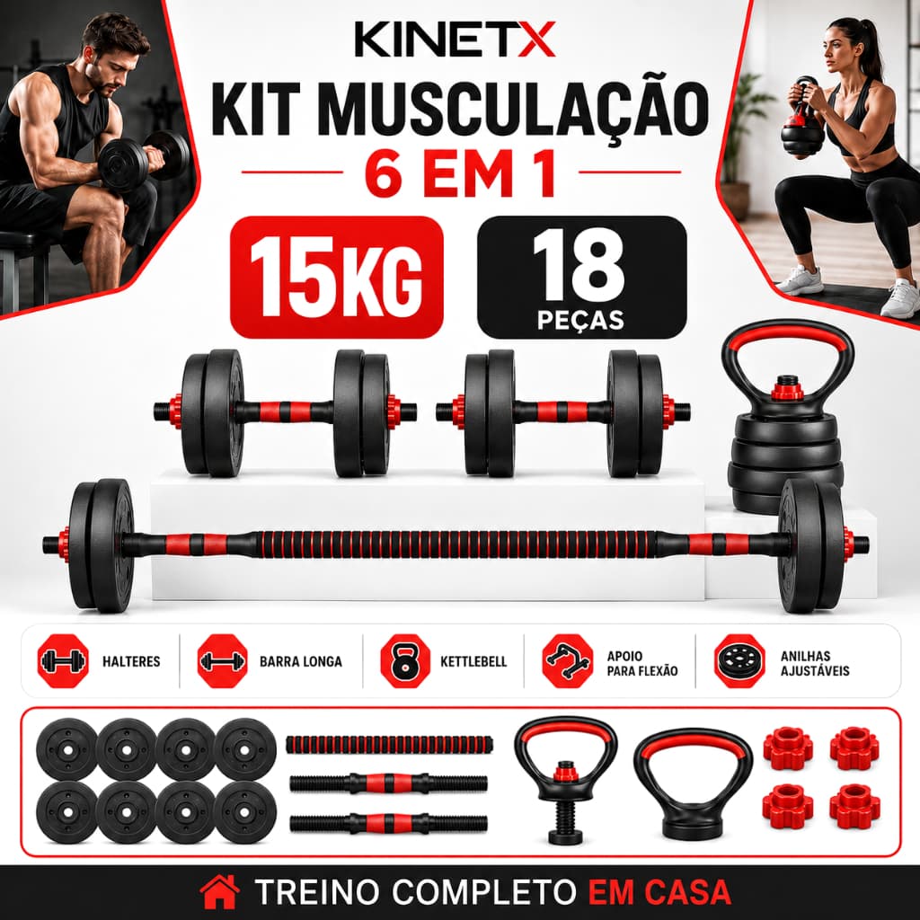 Treino Funcional Musculação 15kg Kettlebell Barra Kit Halteres Anilhas Supino Peso Ajustável