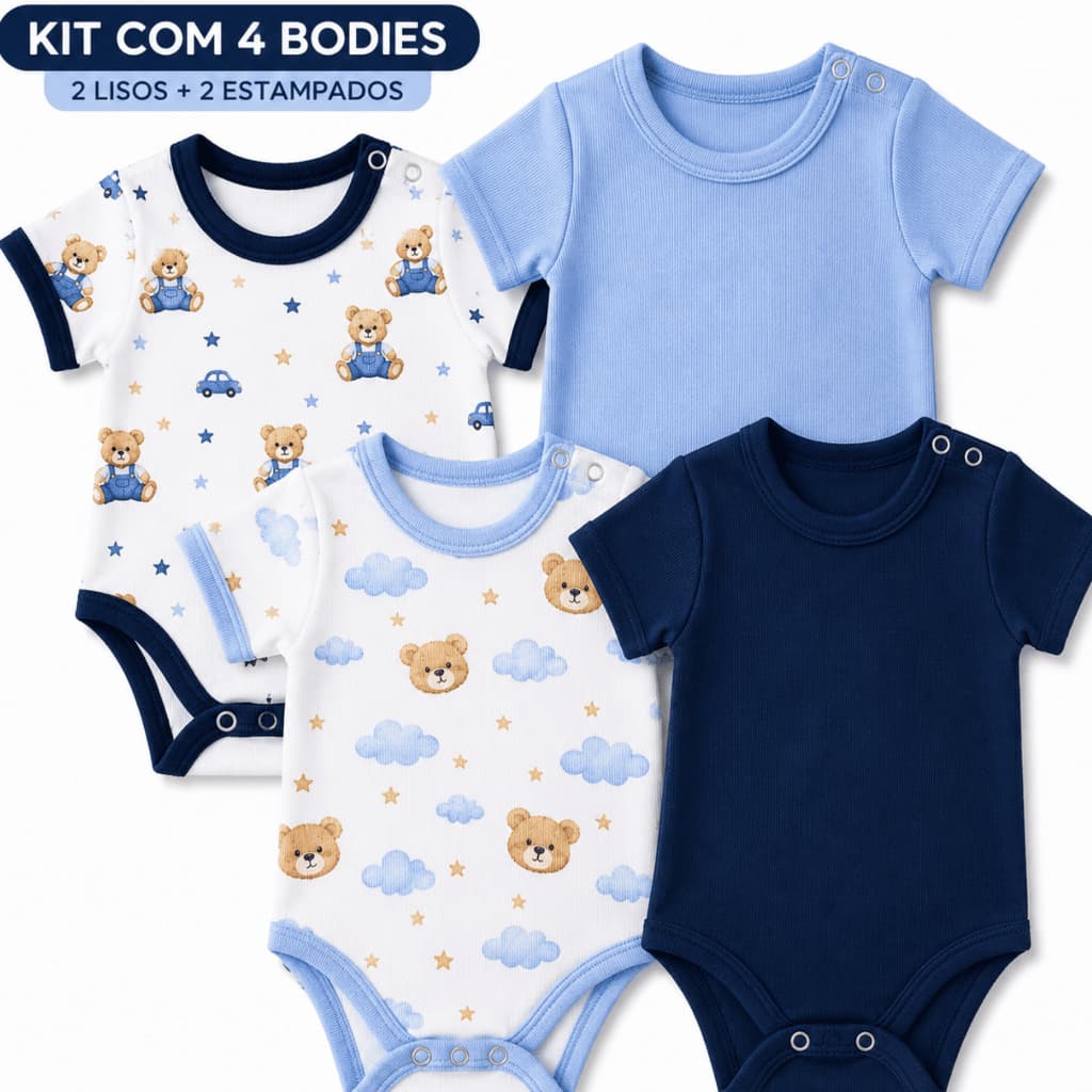 Kit 4 Body Bebê Menino Malha Canelada Algodão Manga Curta Verão RN P M G Roupa Bebê Enxoval Recém Nascido