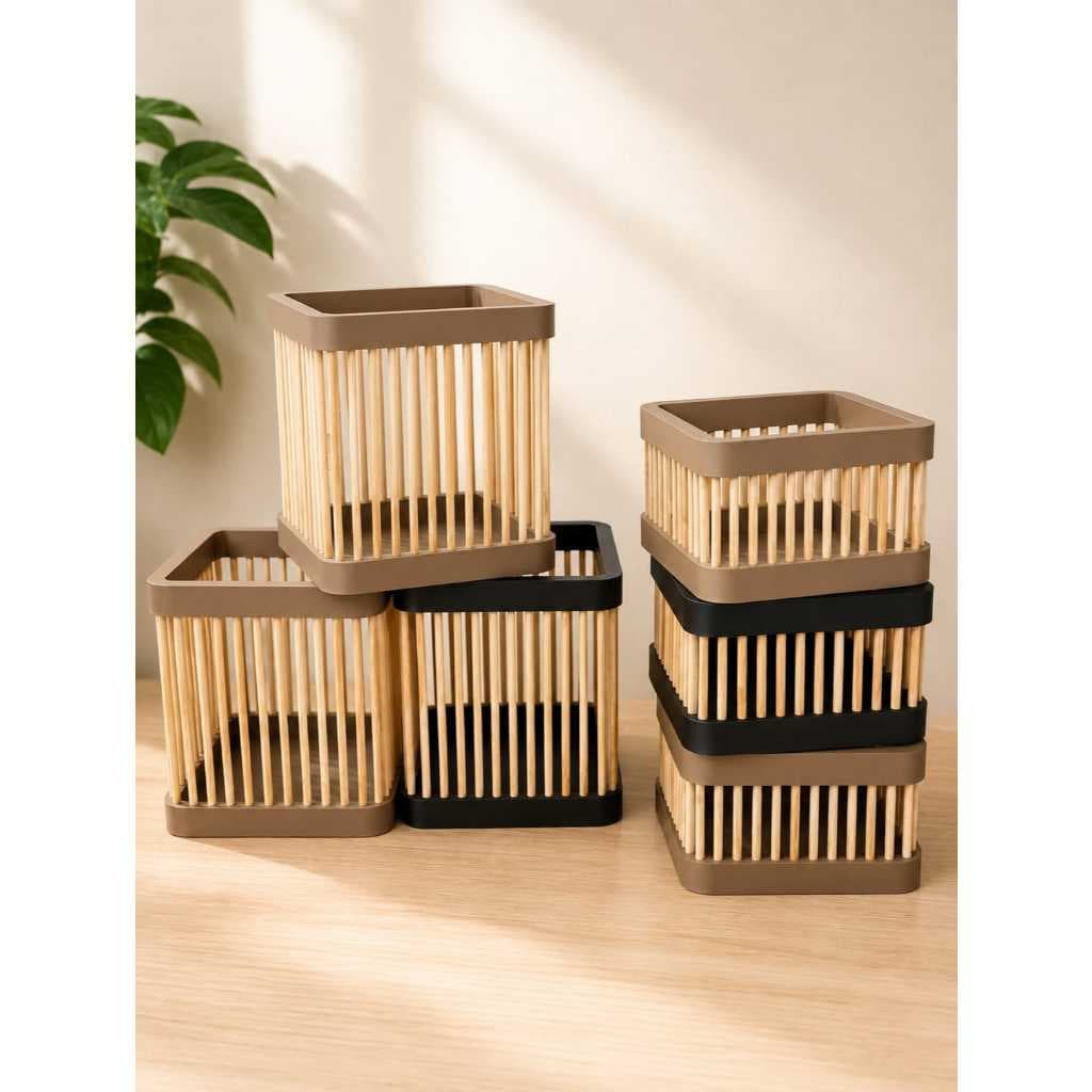 Organizador Multiuso Ripado Bambu P e M | Cesto Organizador Decorativo para Banheiro, Cozinha e Quarto