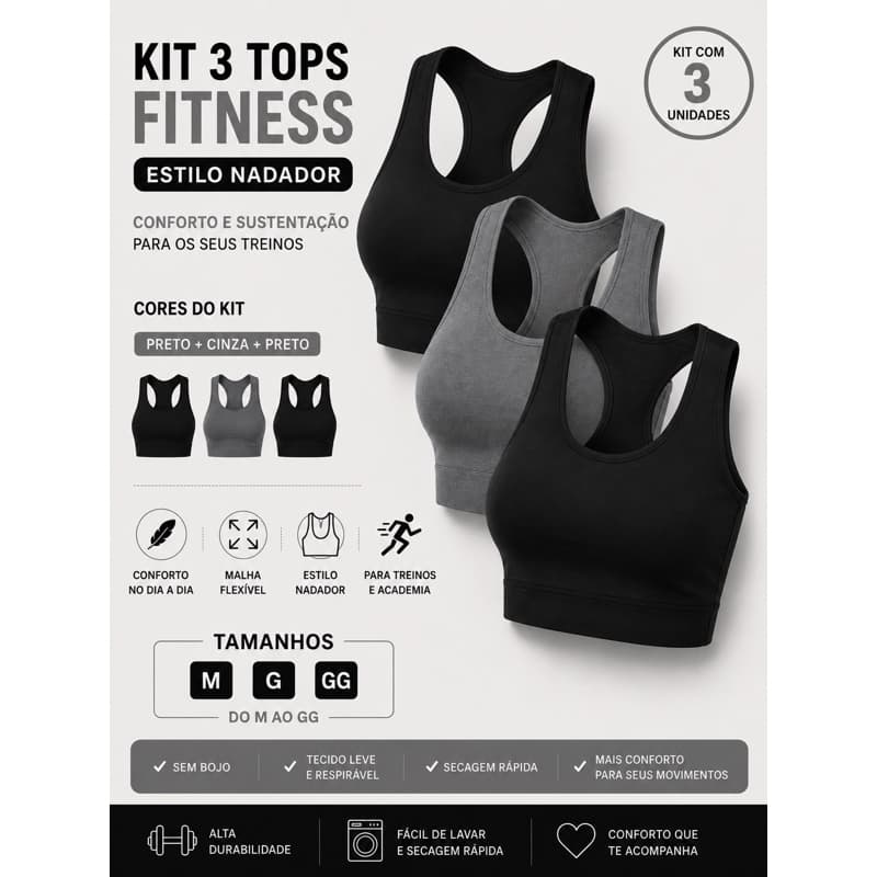 Kit 3 Top Preto de Treino Academia Nadador para Treino Reforçado Musculação Ginastica Corrida