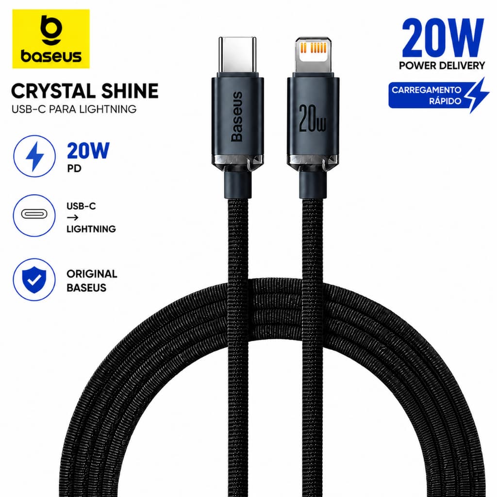 Cabo Baseus USB C Para Lightning 20W PD IPhone 11 12 13 14 Crystal Shine Carregamento Rápido