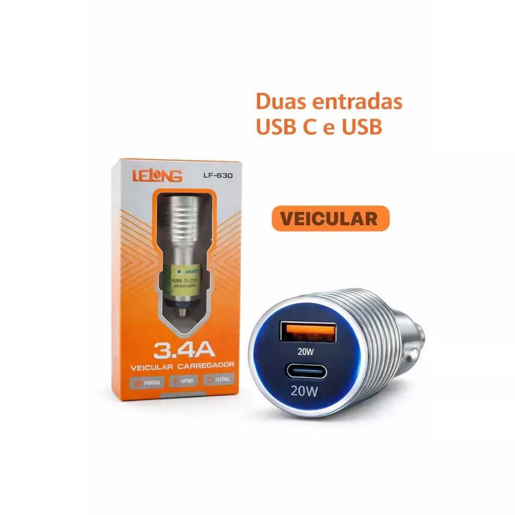 Carregador Veicular Ultra Rápido fonte 2 Entradas Turbo USB E TYPE C IT BLUE 3.4A LELONG