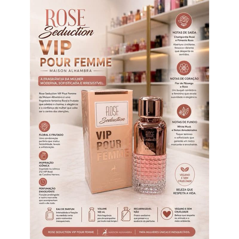 Perfume Rose Seduction VIP Pour Femme Maison Alhambra Eau de Parfum Feminino 100ml Importado