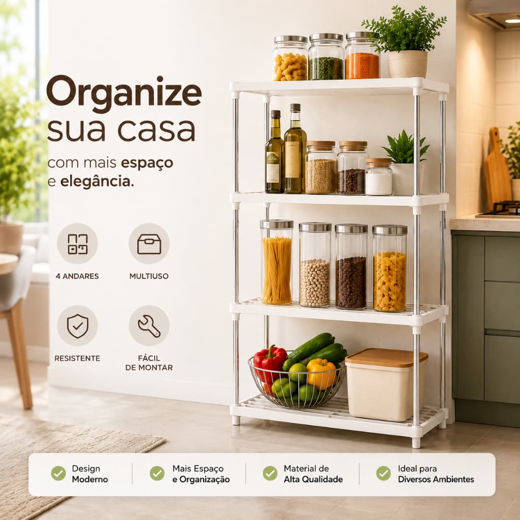 Estante Organizadora 4 Prateleiras Multiuso Branco para Cozinha Banheiro Lavanderia Quarto Escritório