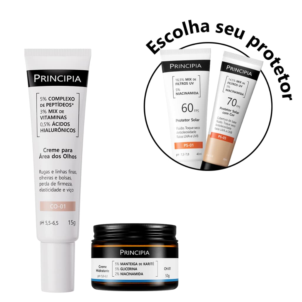 Principia Kit Cuidado Facial c/ Creme Para os Olhos CO-01 + Creme Hidratante CH-01 + Protetor Solar c/ ou s/ Cor