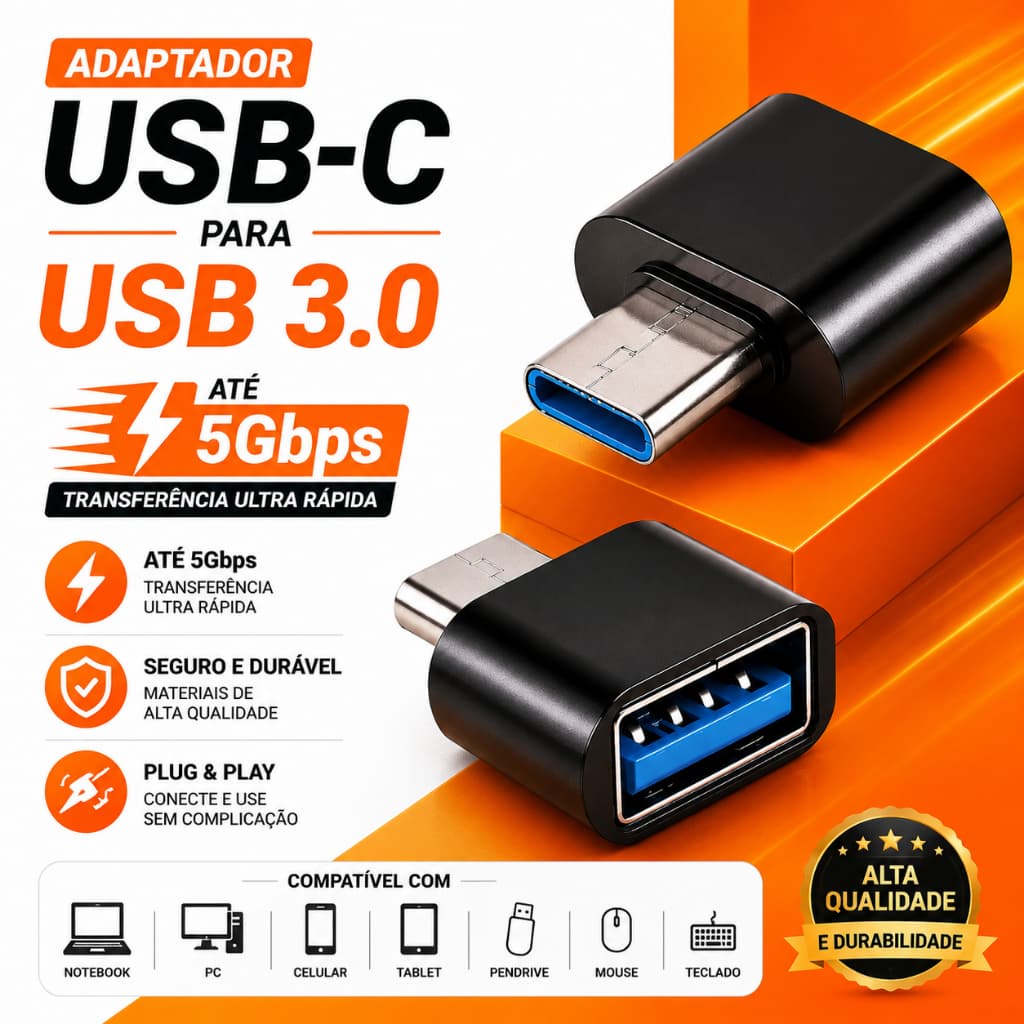 Adaptador OTG USB-C para USB-A USB 3.0 5Gbps Tipo C Android, Tablet e iPhone 15