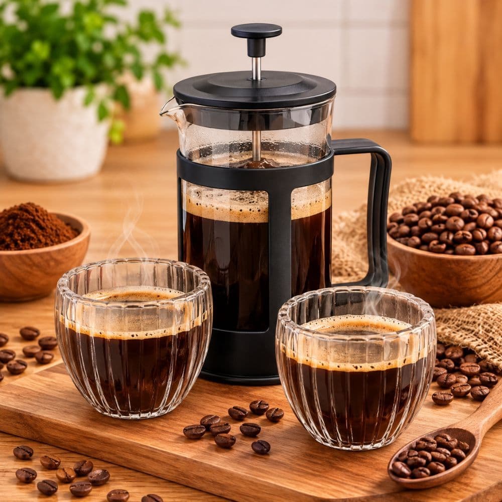 Kit Cafeteira Prensa Francesa 300ml + 2 Copos Borossilicato Parede Dupla 90ml Café Expresso