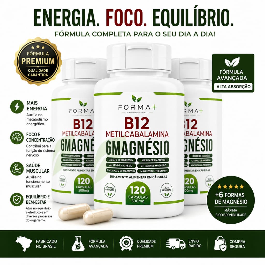Suplemento 6 Magnésio + Vitamina B12 Power 500mg - 120 Caps - Fim do Cansaço