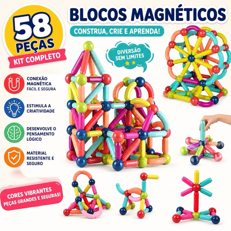Blocos Magnéticos 58 Peças Kit Construção 3D Infantil Educativo Montessori Ímã Forte Brinquedo Criativo Coordenação
