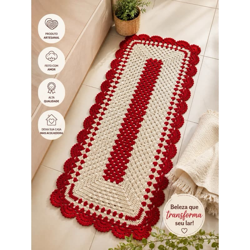 Passadeira De Crochê Para Cozinha Quarto 127x50cm Vermelho E Cru Artesanal Barbante