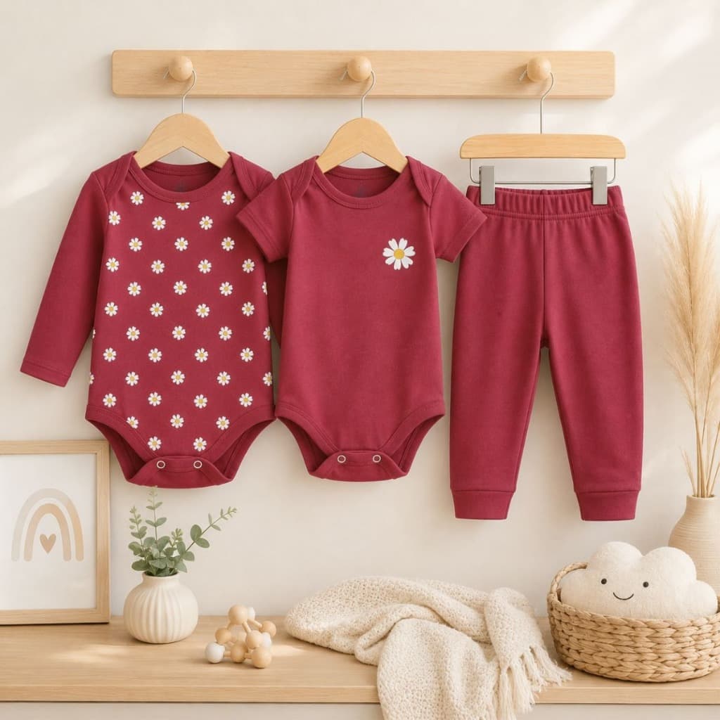 Kit Roupa Bebê Menina Conjunto 3 Peças Suedine Algodão Enxoval 1 Body Manga Longa 1 Body Manga Curta E 1 Calça Luxo