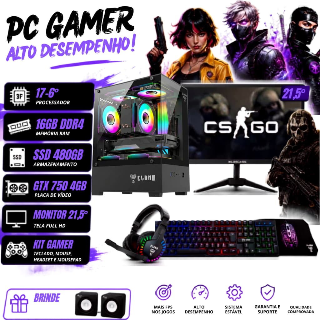 Computador Gamer Completo I7-6° + 16GB DDR4 + SSD 480GB + GTX 750 4GB + MONITOR 21,5" + KIT GAMER + BRINDE