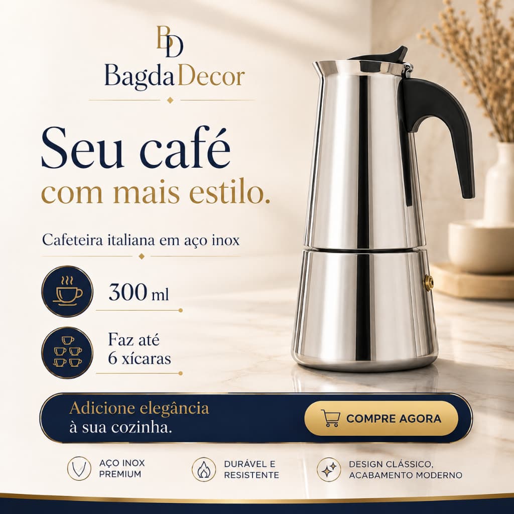 Cafeteira Moka Italiana Aço Inox Café Expresso Premium para Fogão Vários Tamanhos e Capacidades