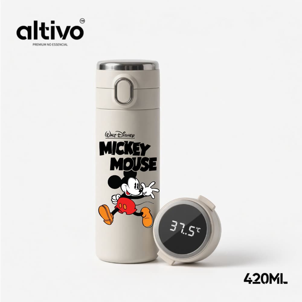 Garrafa Térmica Aço Inoxidavel Disney Mickey Mouse Infantil com Termômetro Digital 420ml