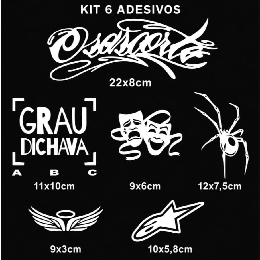 Kit 6 Adesivos Moto Vinil Recorte Grau Dichava Aranha Máscaras Asas Estrela + Brinde Decorativo Top