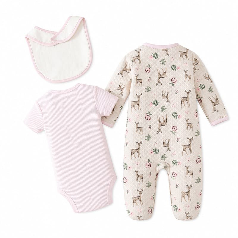 Payifang Kit Enxoval Bebê Menina 0-9 Meses 100% Algodão Estampa Veado Floral Mameluco com Pé Body Canelado | PF