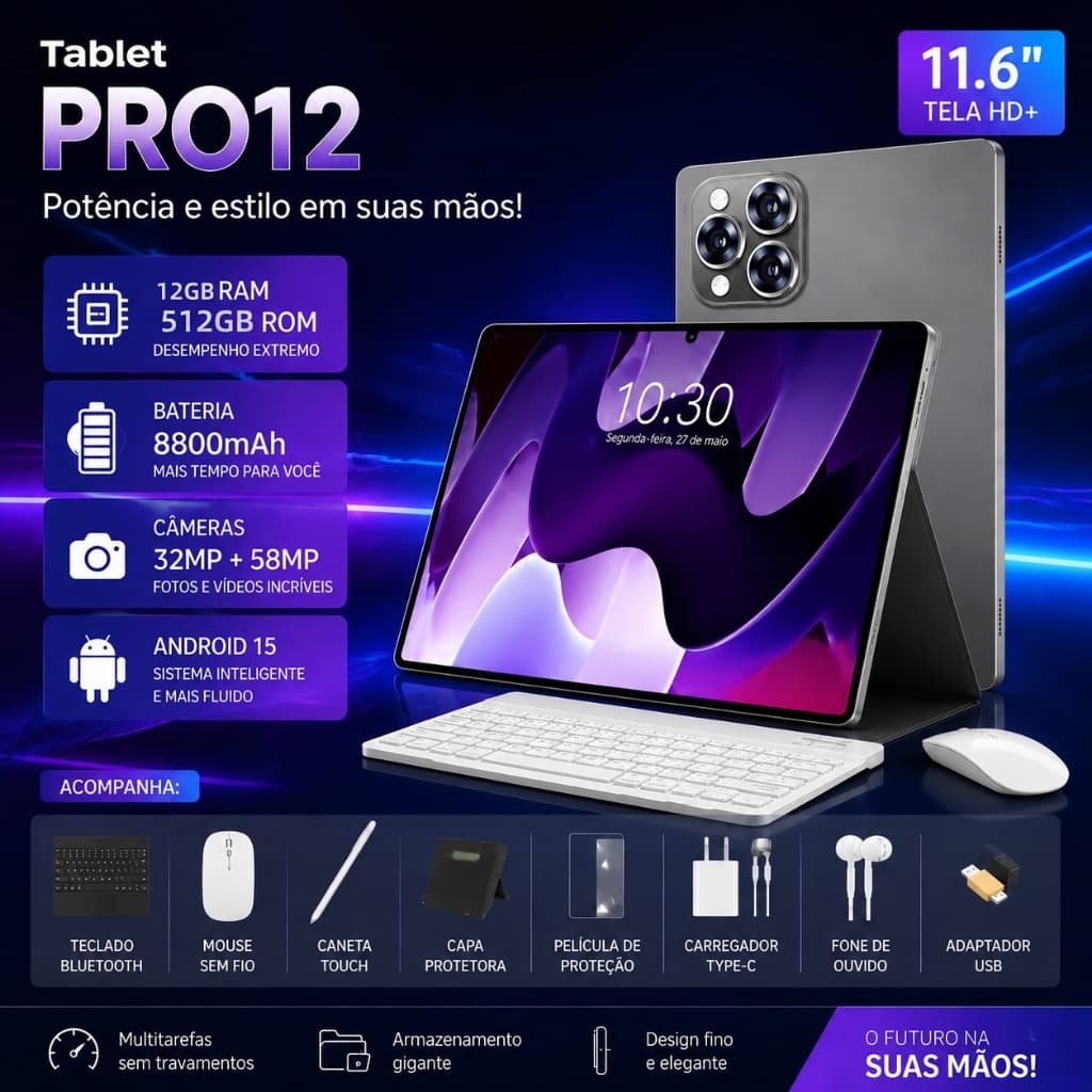 Galaxy Tablet PRO12 11.6" HD+ Android 15 | 12GB + 512GB ROM | Tela Grande 11.6 Polegadas | Bateria 8800mAh | Câmera 58MP