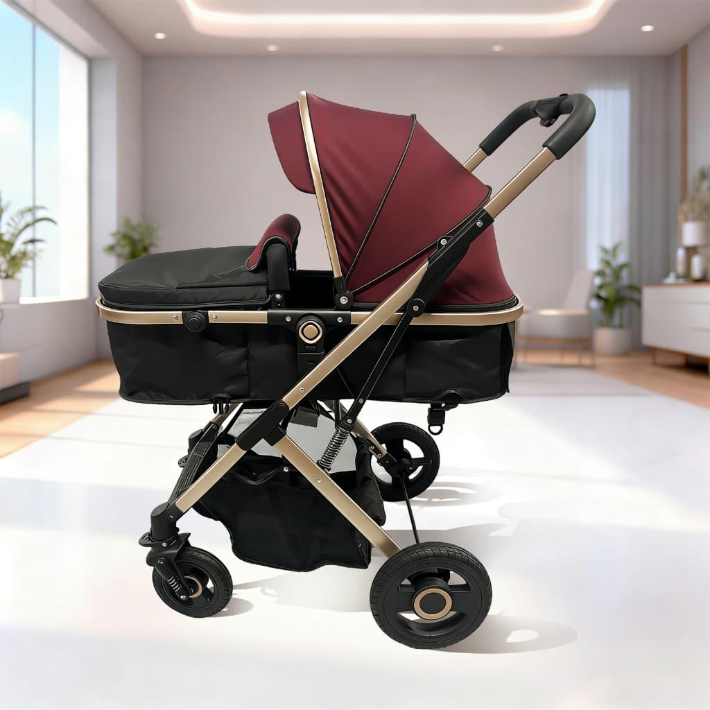 Carrinho de Bebê Luxo com Moisés Reversível, Dobrável, Bandeja de Alimentação, Estrutura Reforçada e Encosto Reclinável