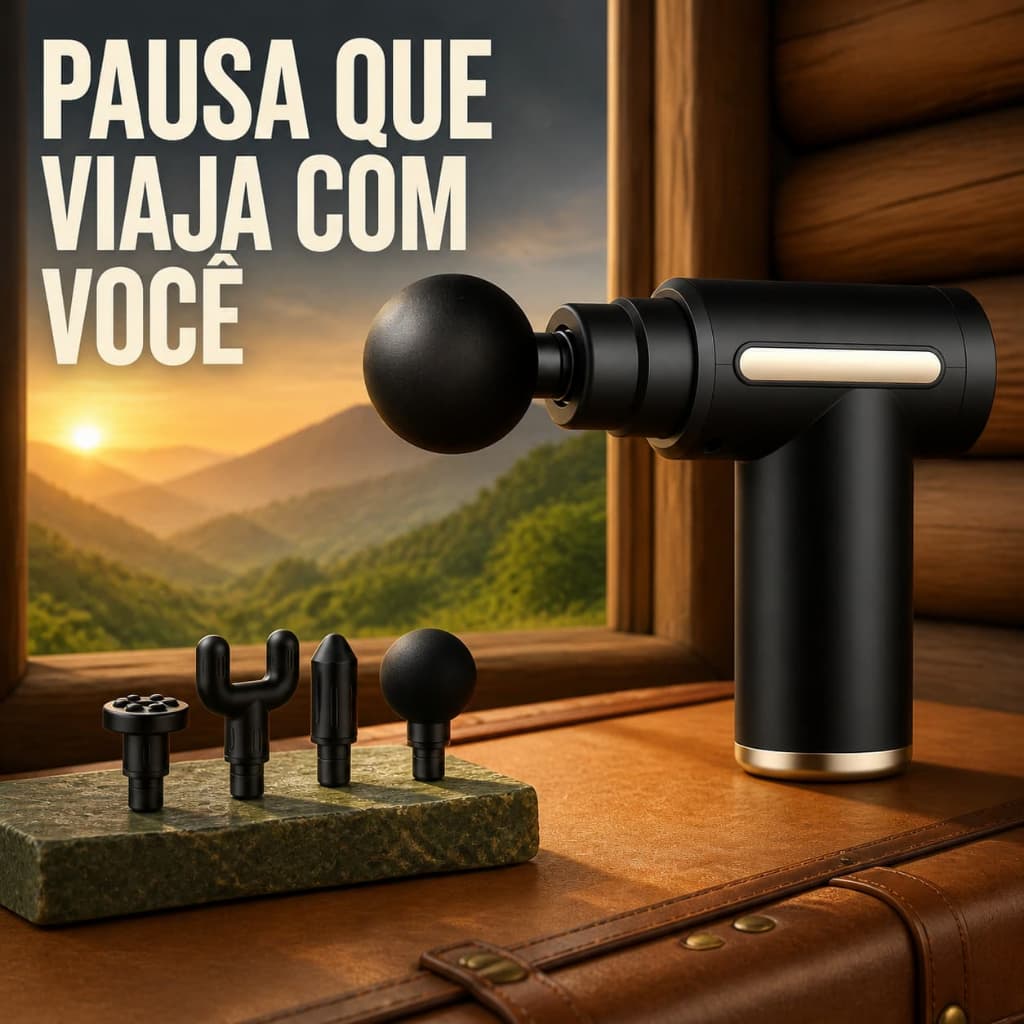 Aparelho Massageador Muscular Compacto, vem com diversos cabeçotes para relaxar corpo durante passeios e viagens