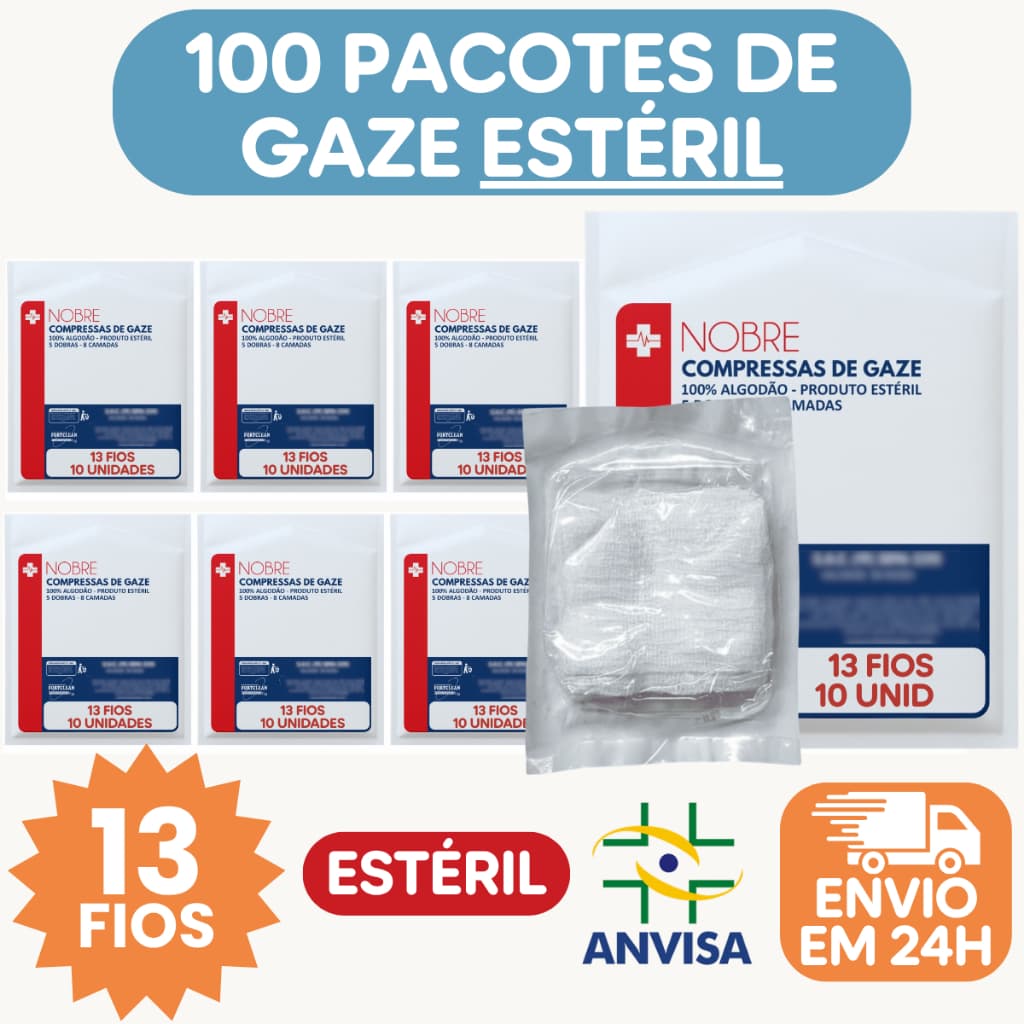 100 Pacotes de Gaze Estéril 13 Fios Kit com 1000 Compressas Gazes Estéreis Curativo Cirúrgica 7,5 cm