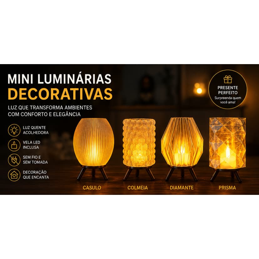 Luminária de Mesa LED sem Fio + Vela LED Grátis – Decoração e Iluminação Sem Fio