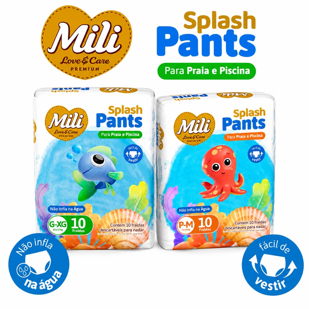 Fralda Descartável Para Nadar Mili Splash Pants P/M G/XG 10 unidades Fralda Praia e Piscina 13 a 19kg