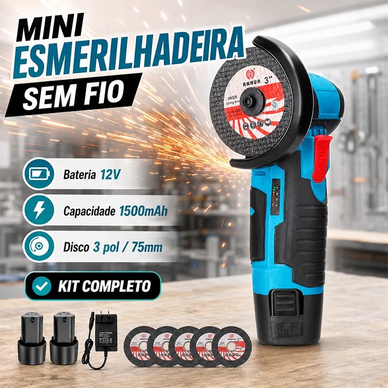 Mini Esmerilhadeira Angular 12V Sem Fio 3 Polegadas com 2 Baterias e 5 Discos para Corte e Lixa