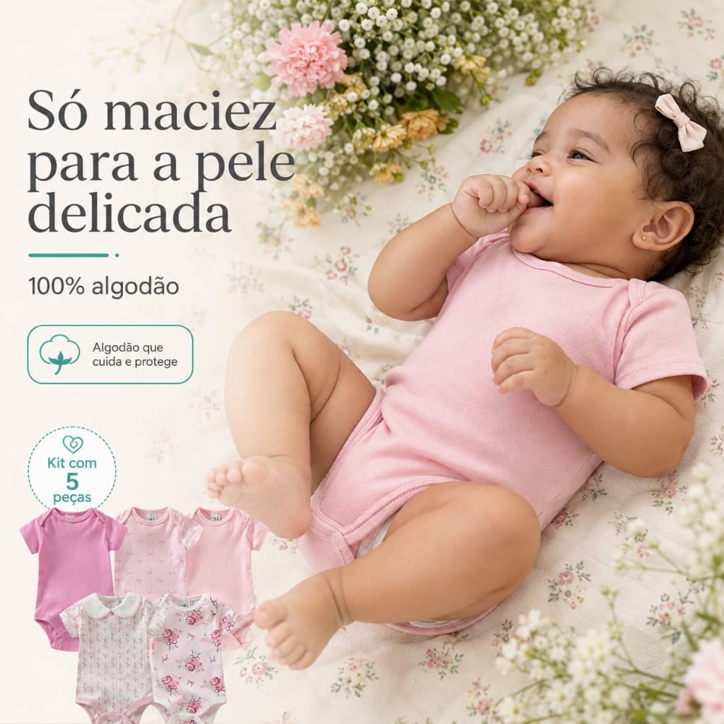 Kit Body Bebê Menina 5 Peças 100% Algodão Manga Curta Body Infantil RN 0-3M 3-6M 6-9M Enxoval Bebê