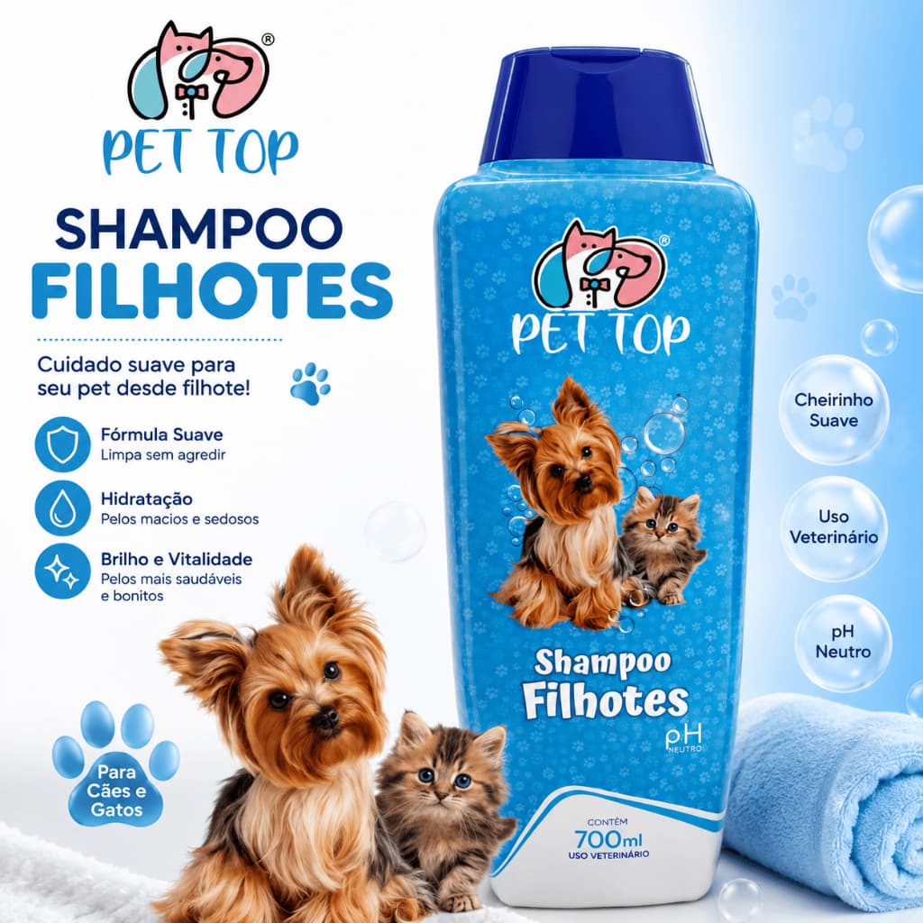 Shampoo para Filhotes Pet Top 700ml Cães e Gatos pH Neutro Limpeza Suave e Pelos Macios