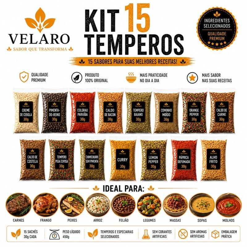Temperos para Cozinha Carnes e Churrasco Completo Kit 15 Sabores 30g Cada Condimentos Especiarias
