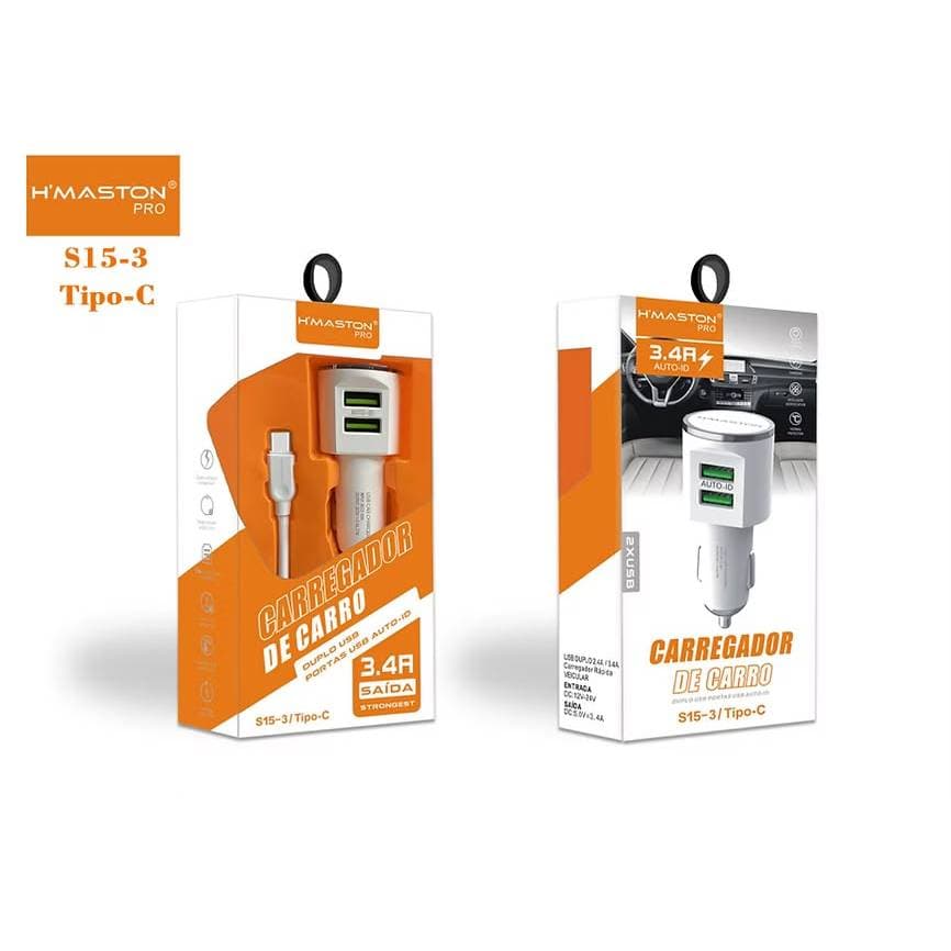 Carregador veicular com 2 portas USB com cabo Tipo-C