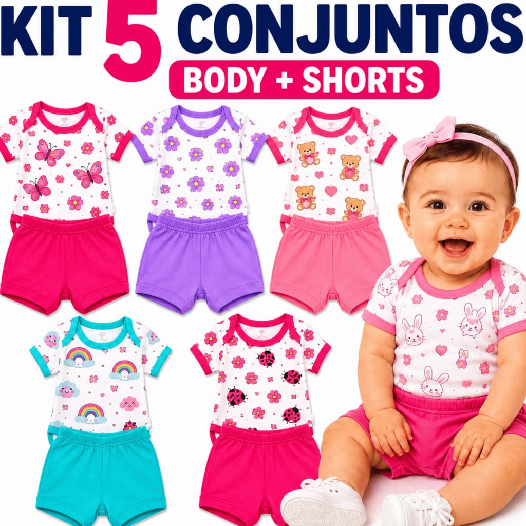 Kit 5 Conjunto Bebê Menina Body e Short Algodão RN P M G Roupa Bebê Verão Enxoval Bebê
