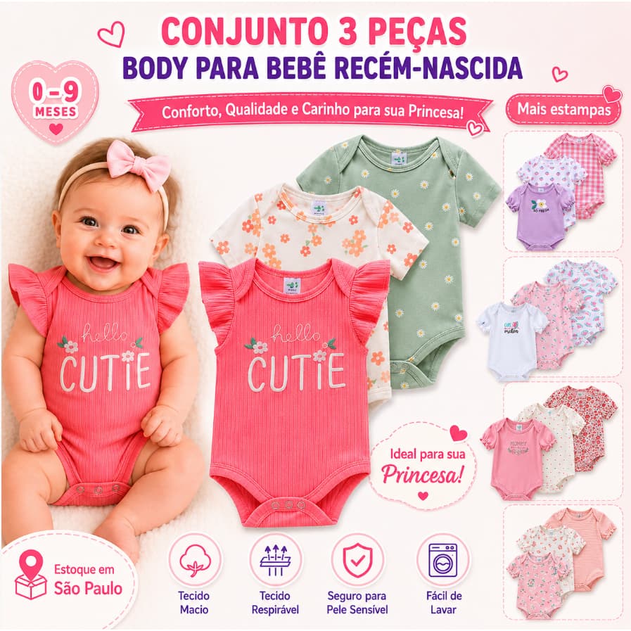 Kit 3 Bodies Bebê Menina Manga Curta Babado Floral Estampado Hello Cutie Roupa Infantil Recém-Nascida 0 a 9 Meses