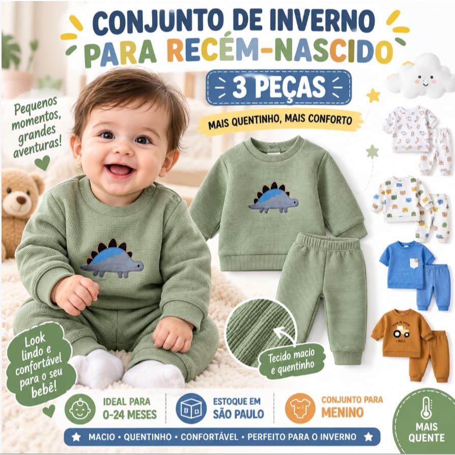 Conjunto Inverno Bebê Menino 3 Peças Moletom Blusa Manga Longa Calça Dinossauro 3 a 24 Meses