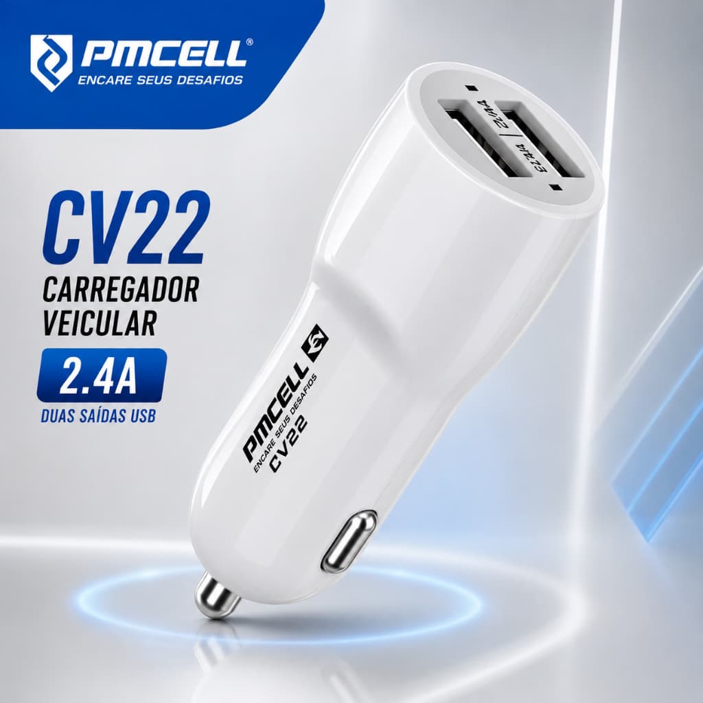 Carregador de Celular Veicular PMCELL CV22 2.4A USB Carro Universal Carregamento Rápido CV 22