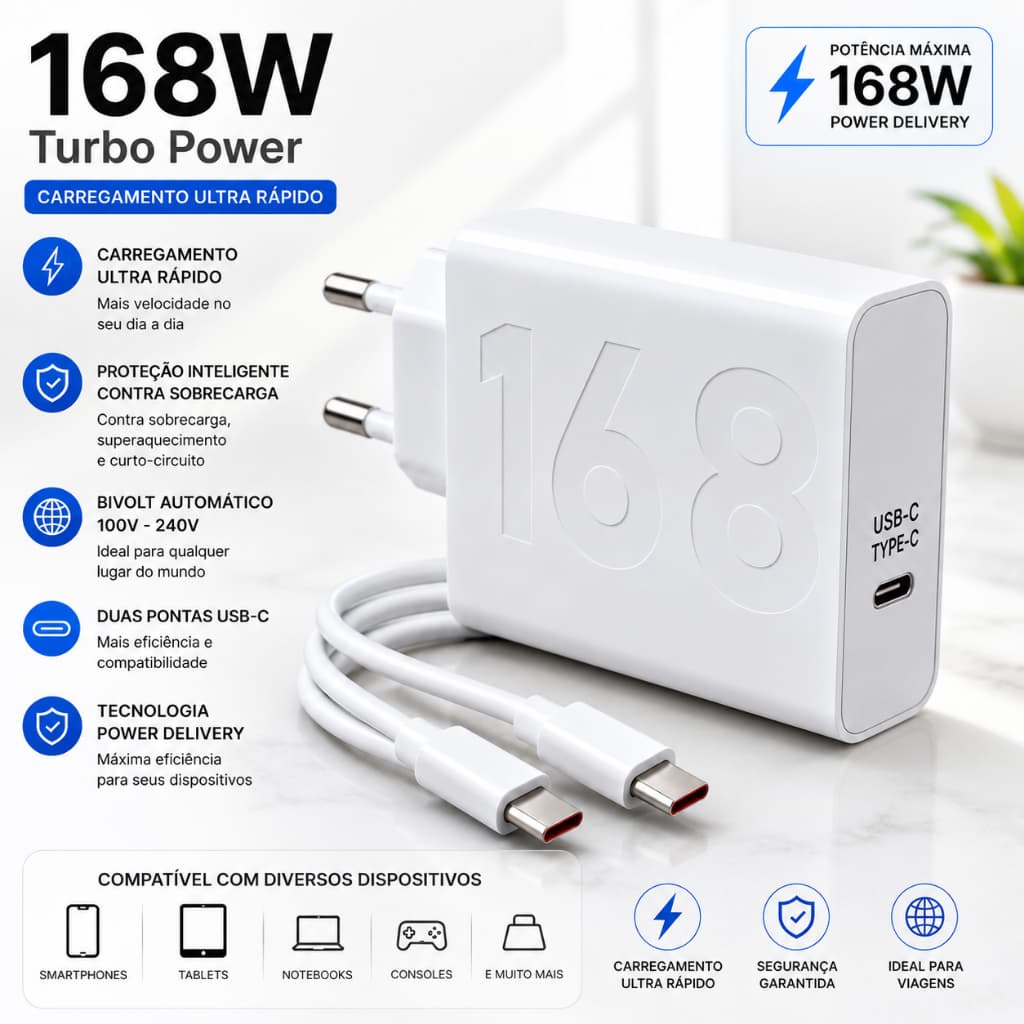 KIT Carregador Cabo E Fonte Turbo 67W / 150W / 168W Carga Rápida Celular Android Xiaomi Redmi Poco