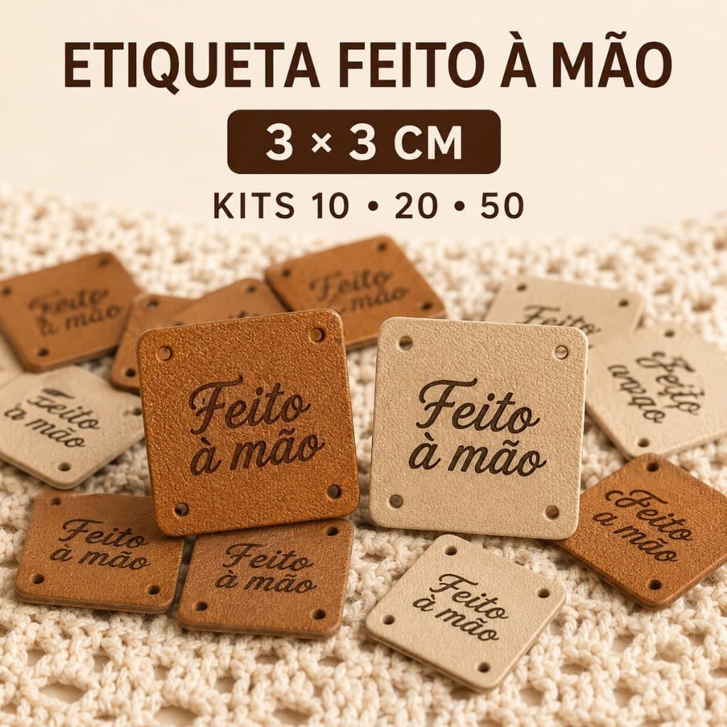 Etiqueta Feito à Mão 3x3 cm em Couro Sintético para Crochê e Amigurumi Kit 10, 50 ou 100