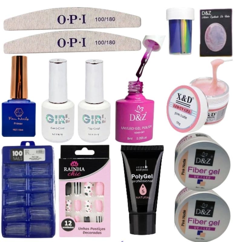 Kit Reposição Materiais de Unha COMPLETO De Gel Profissional Tips Lixas Top Coat Preparadores Primer
