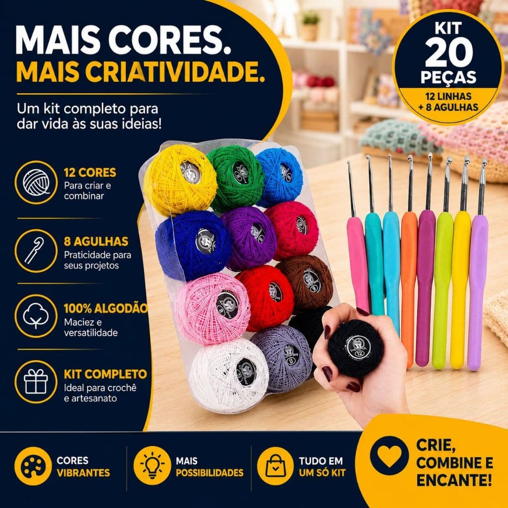 Kit Crochê Completo 12 Linhas Coloridas 100% Algodão + 8 Agulhas Ergonômicas Amigurumi Iniciante -NY