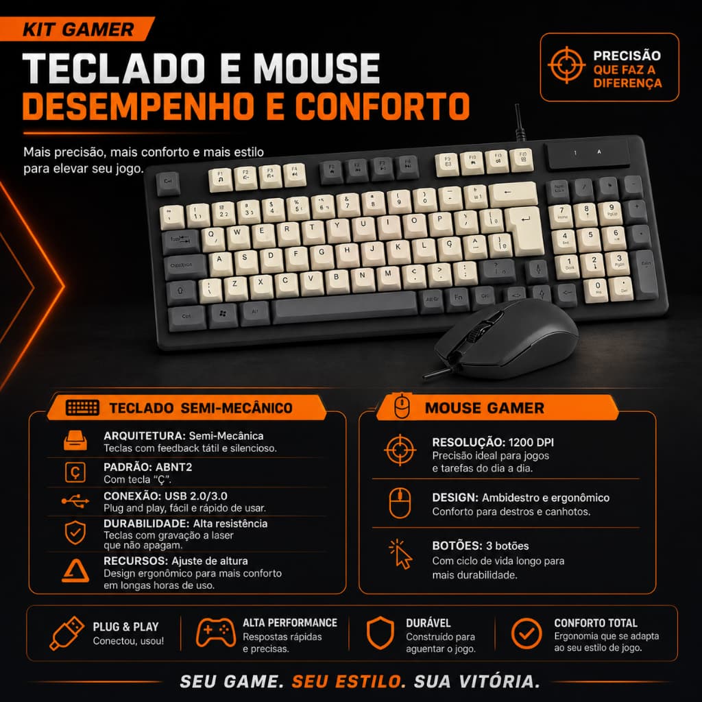 Teclado Semi Mecânico E Mouse Com 3 Botões 1200 Dpi, Com Fio, Kit Gamer AL-9510