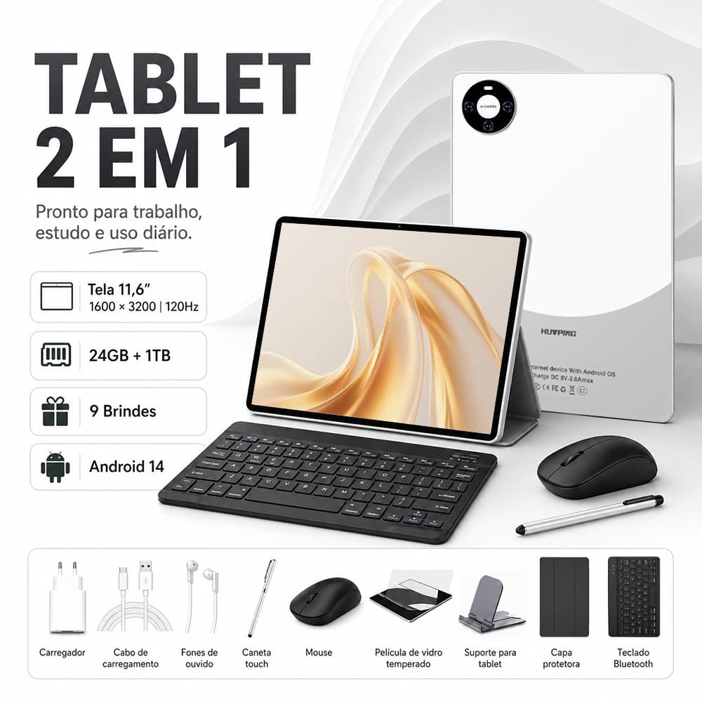 P60 Pro Tablet 11.6'' 24GB RAM 1TB Android 14 5G 120Hz 10000mAh com Teclado Mouse Capa Caneta