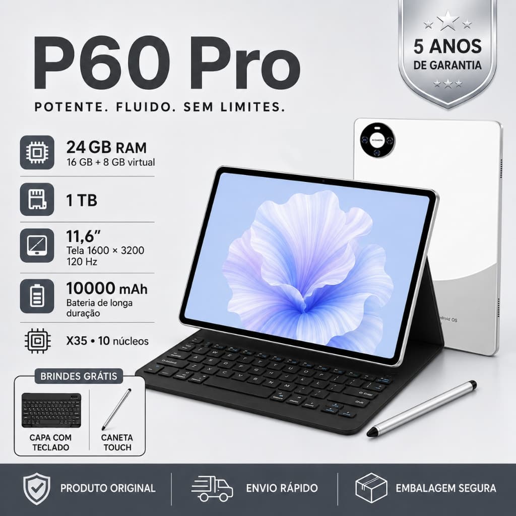 Tablet P60 Pro 24GB RAM 1TB Android 14 Tela Grande 11.6'' 5G WiFi 10000mAh Kit Completo Teclado Mouse