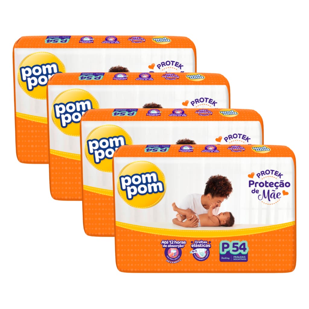 Kit 4 Fralda Descartável Infantil Pom Pom Protek Proteção de Mãe Mega