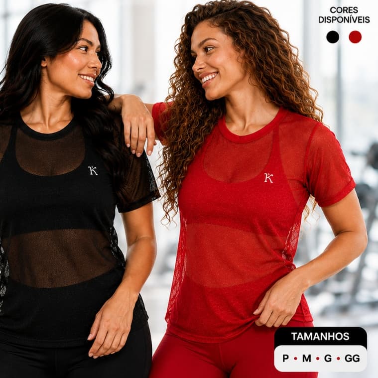 Kit 2 Blusas Blogueira Feminina Transparente Tule Manga Curta Camiseta Treino Fitness Musculação
