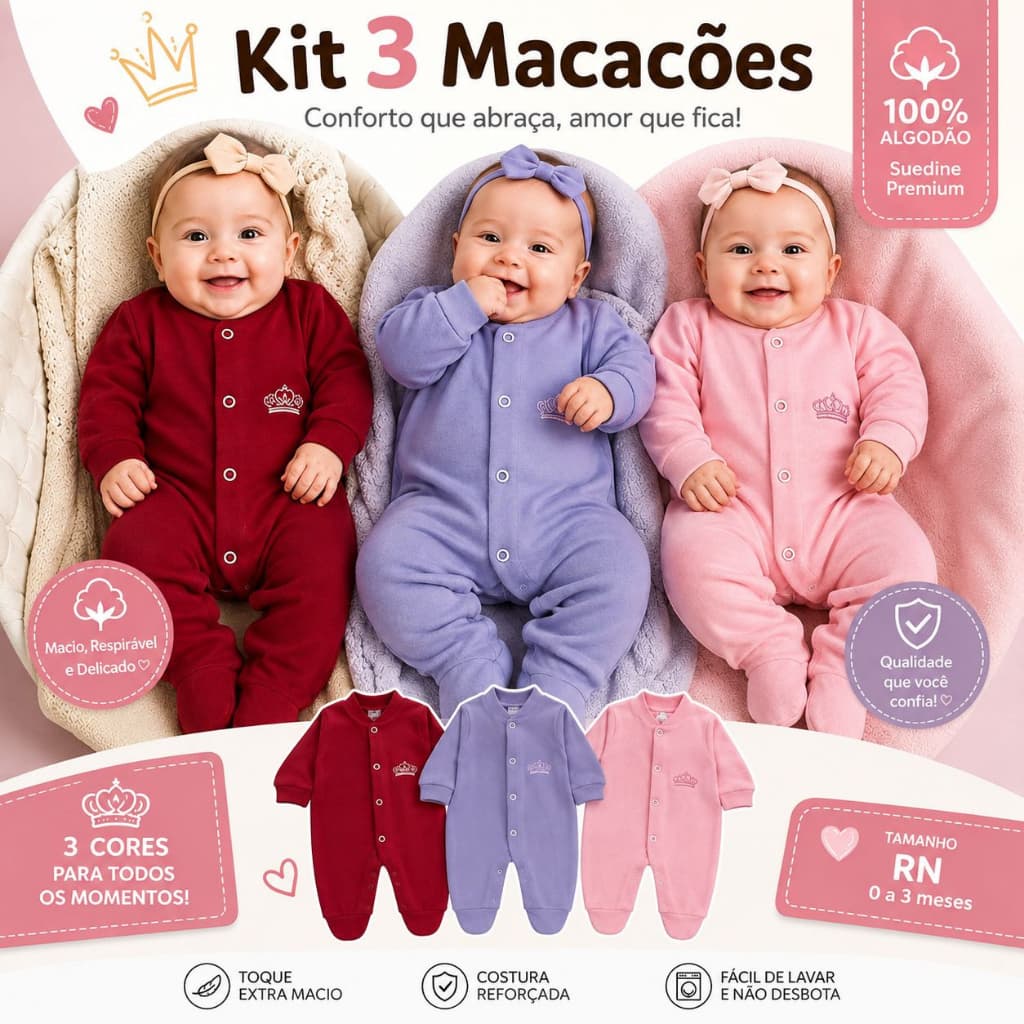 KIT 3 MACACÃO RECÉM NASCIDO bebê confortável prático lindo 100% algodão suedine infantil, menina, neutro,presente,RN